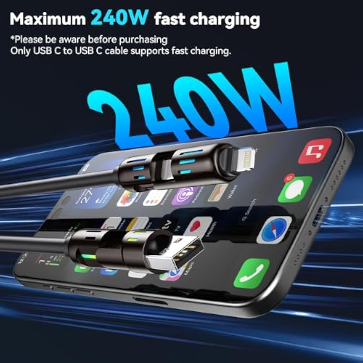 4 In 1 Charging Cable 240W, Type C Charger Fast Charging Cable, Usb To Usb C Cable Nylon Braided Usb A/C To C/Lightning Multi Iphone Charger Cord For Iphone 16 15 14 13, 6.6Ft/2M