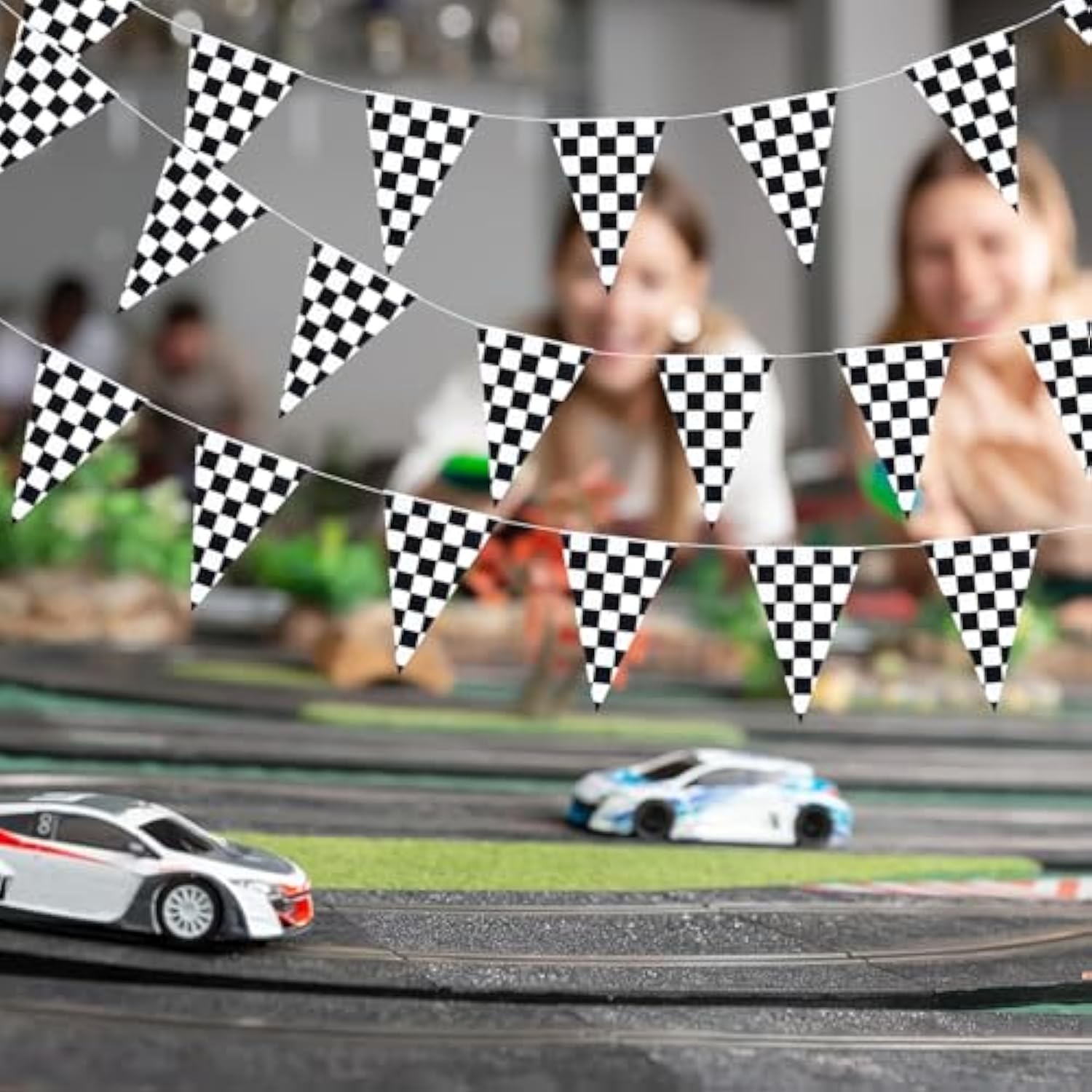 98 Ft Checkered Flag Banner: 48 Pcs Black & White Pennants for Racing Party Decor