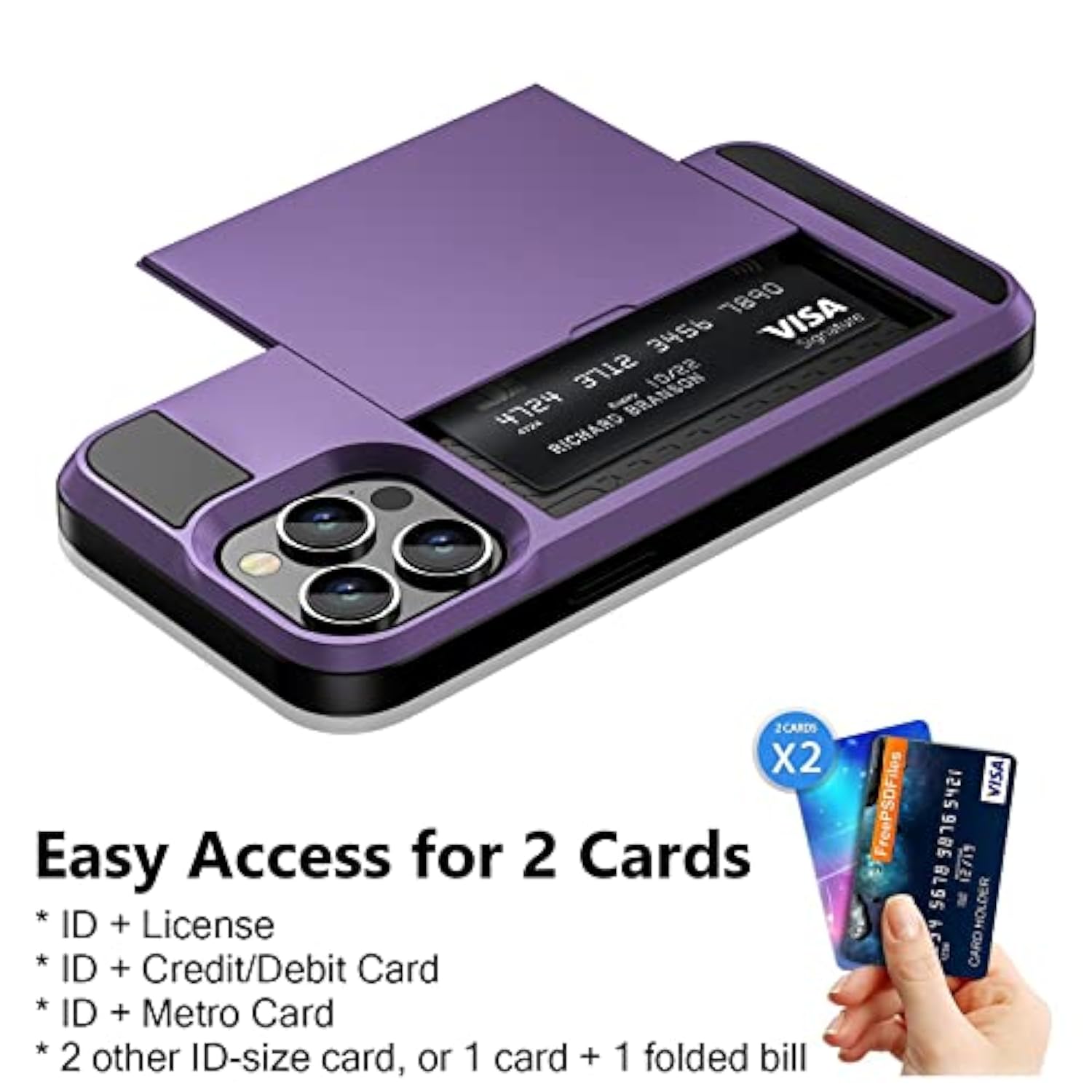For Iphone 14 Pro Max Case Wallet Credit Card Holder Id Slot Sliding Door Hidden Pocket Men Women Anti-Scratch Dual Layer Hybrid Bumper Armor Protective Shell Back Cover Greypurple 6.7 Inch
