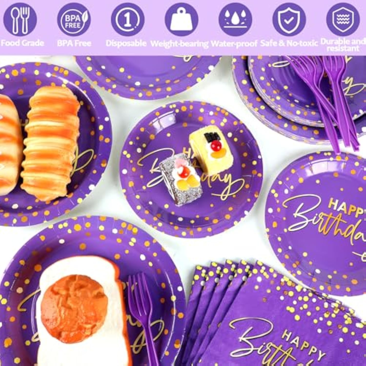 96Pcs Purple Gold Party Plates And Napkins - Happy Birthday Party Decorations - Disposable Tableware Set For 24 Guests
