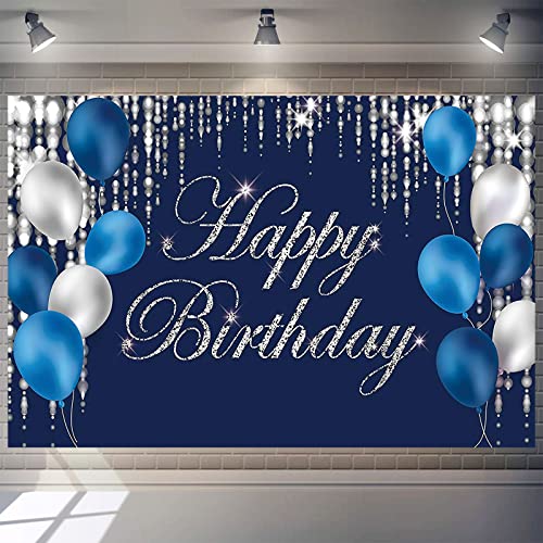 Navy Bluey and Silver Happy Birthday Backdrop Banner Sign for Favor Men Women Retirement Photography Background Party Decorations Supplies 7x5ft