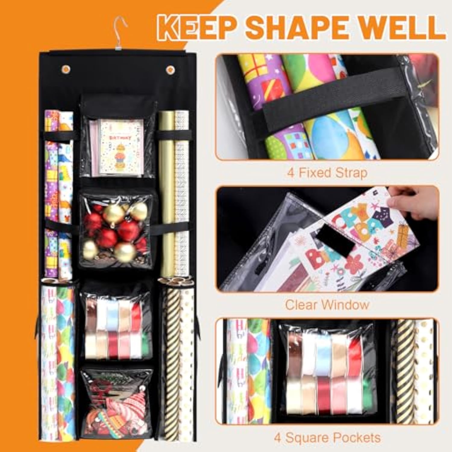 Hanging Gift Wrapping Paper Storage, 40X16 Inch Double-Sided Gift Wrap Organizer Christmas Wrapper Paper Container, Craft Roll Organizer Behind The Door Storage Heavy Duty Oxford Gift Bag Holder