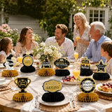 9 Pcs Retirement Party Decorations, Honeycomb Centerpieces, Black Gold Happy Retirement Table Decorations, Easy Assemble Thick Cardstock Centerpieces for Retired Farewell Party