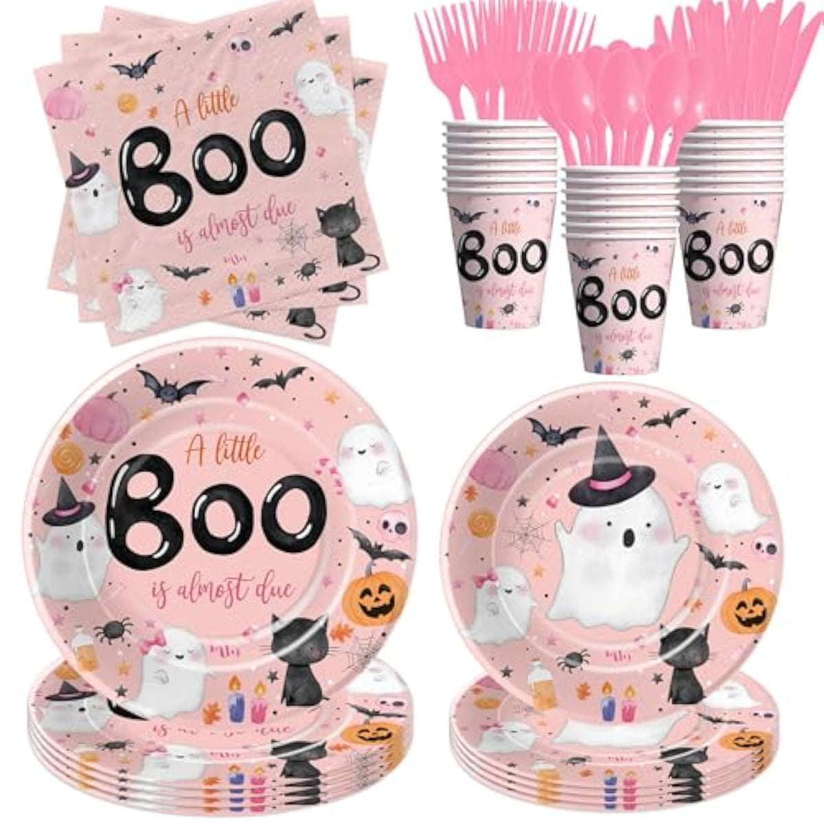 Halloween Theme A Little Boo Is Almost Due Baby Shower Decorations Party Tableware Girl, Pink Ghost Halloween Baby Shower Decorations, Disposable Paper Plate, Cup, Napkin, Cutlery, Serves 24