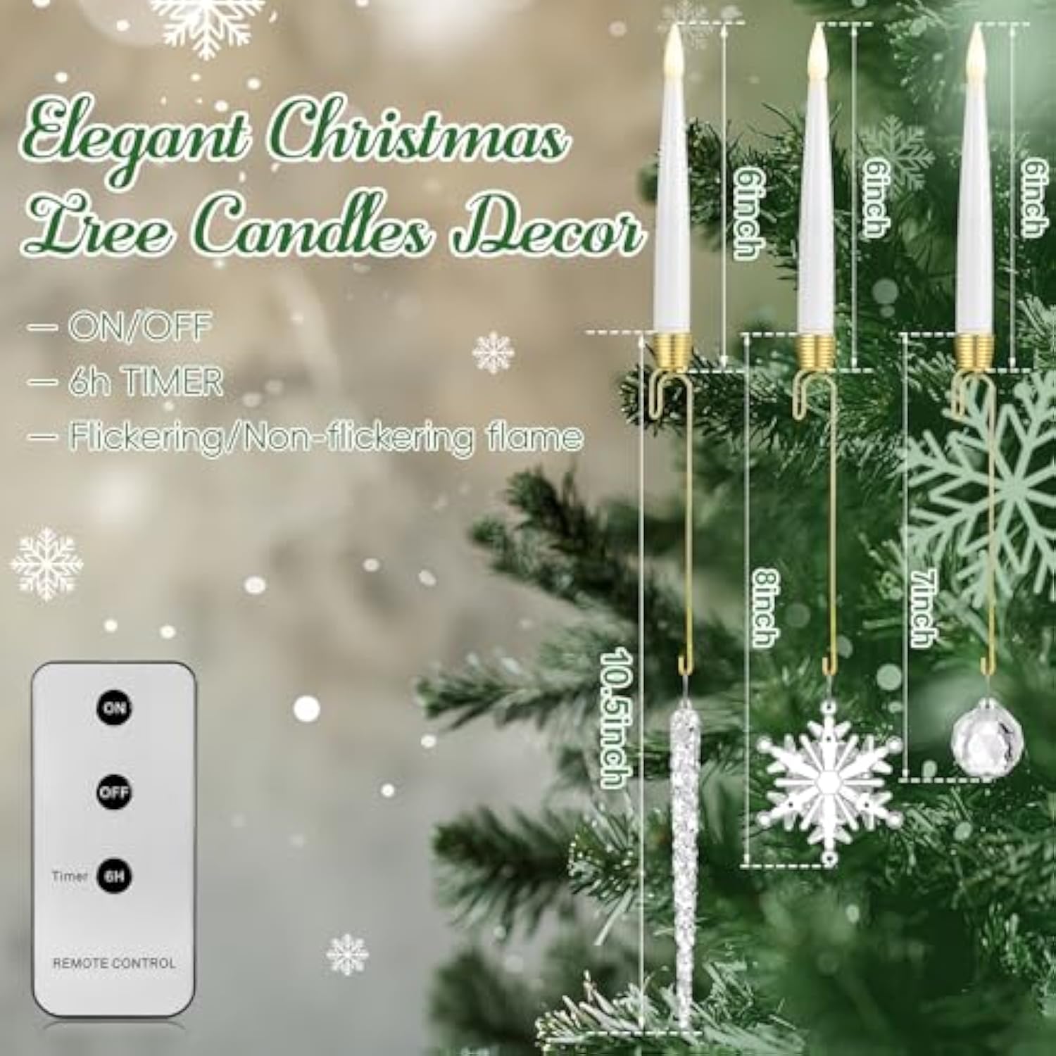 12 Pcs Christmas Tree Candles Flameless Led Taper Candles Battery Operated Lights With Ball Icicles Snowflake Hooks & Remote Xmas Tree Hanging Ornaments For Winter New Year Party Supplies