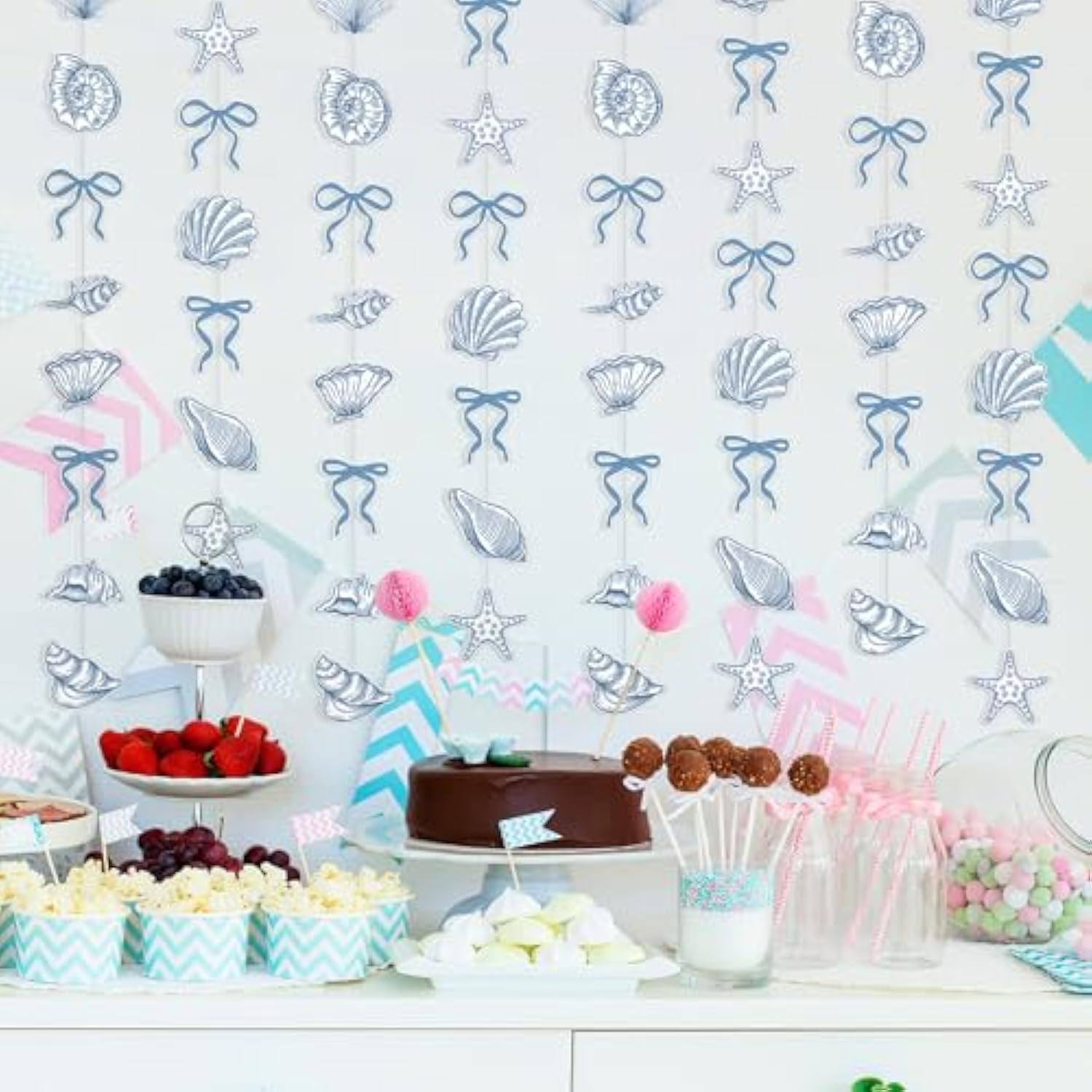 8 Pack Blue Bow Starfish And Seashell Garland 6.56 Ft Ocean Coastal Nautical Paper Hanging Decorations Pre Strung Banner For Under The Sea Beach Wedding Mermaid Birthday Party Decorations
