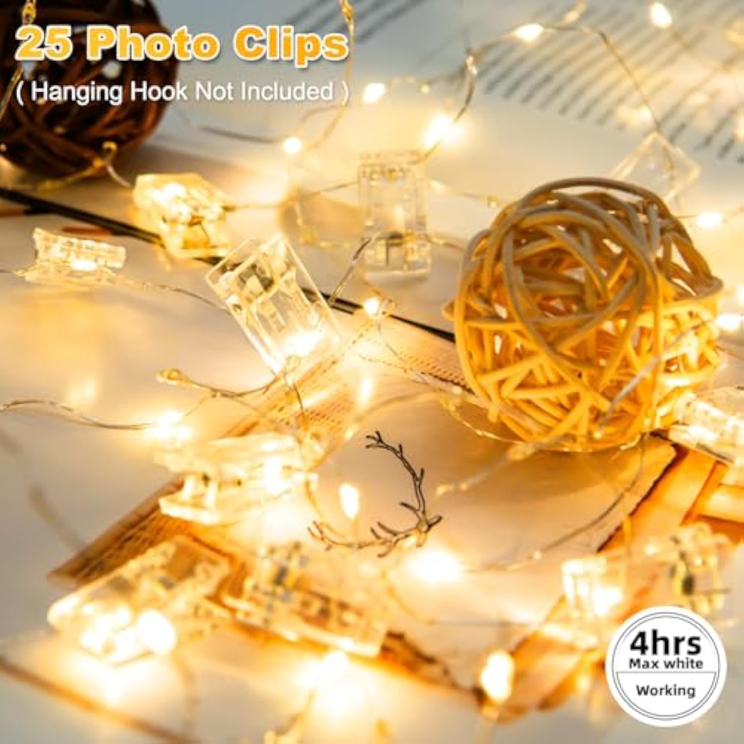 17Ft 100Leds Rechargeable Photo Clips String Light,Remote Control,3 Off Timer,Tangle-Free,Detachable Battery Operated Fa