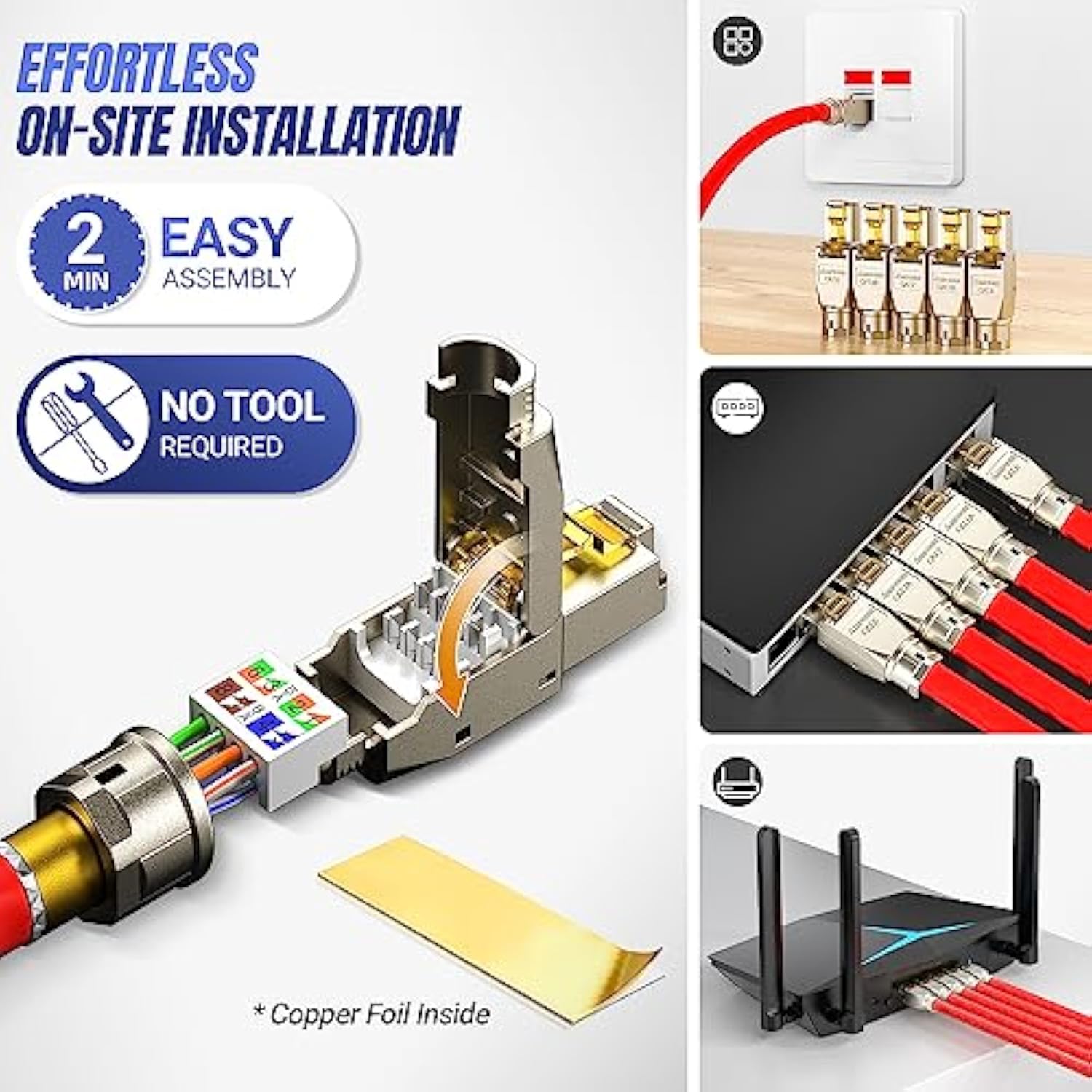 Stp Cat8 Rj45 Connector Zinc-Alloy Tool-Free Ethernet Field Termination Modula