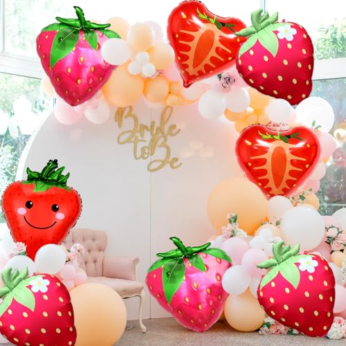 16Pcs Gaint Strawberry Balloons, Cute Fruit Strawberry Foil Balloons for Fruit Themed Birthday Summer Wedding Baby Shower Party Decorations