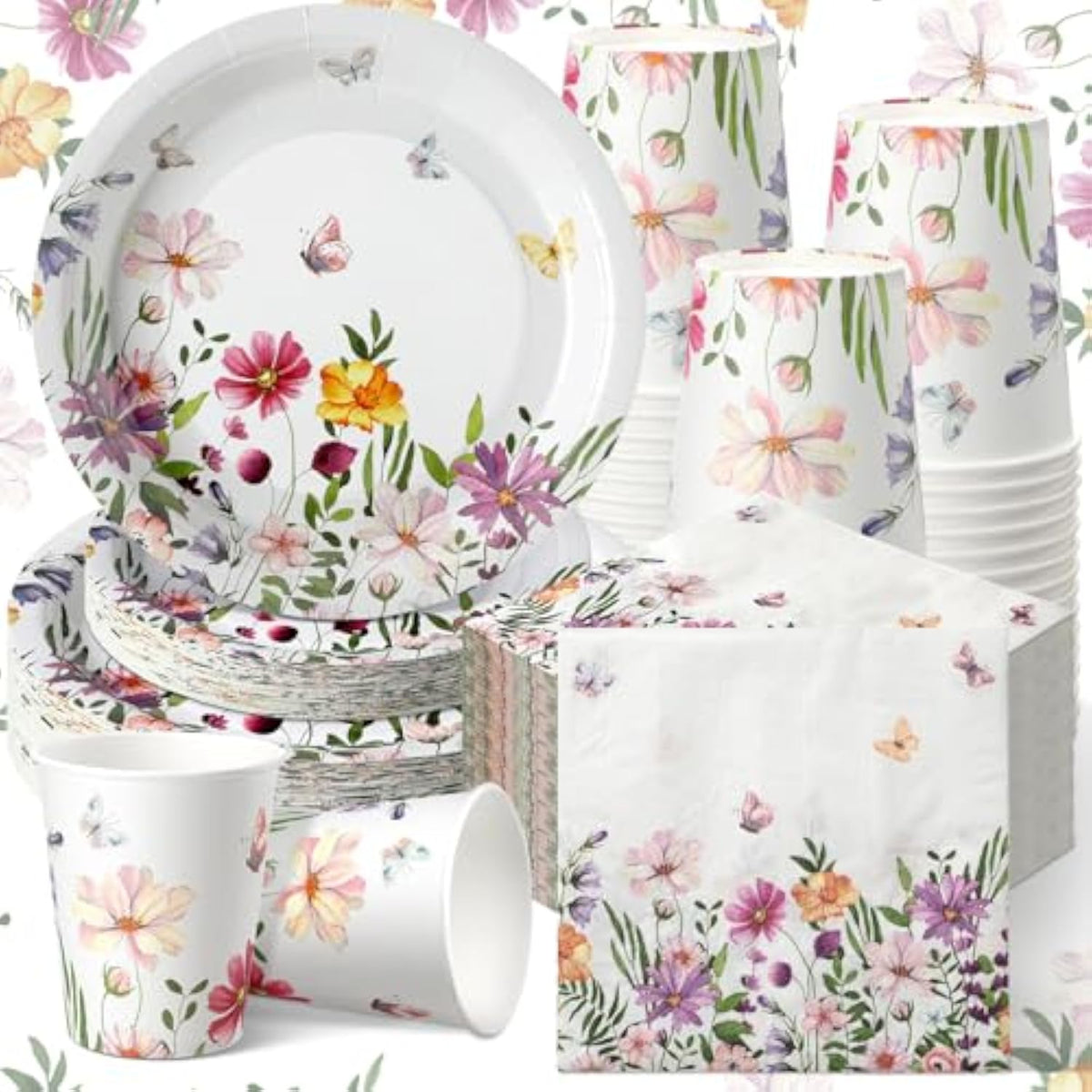250PCS Wildflower Party Tableware Set for 50 Guests - Plates, Cups, Napkins