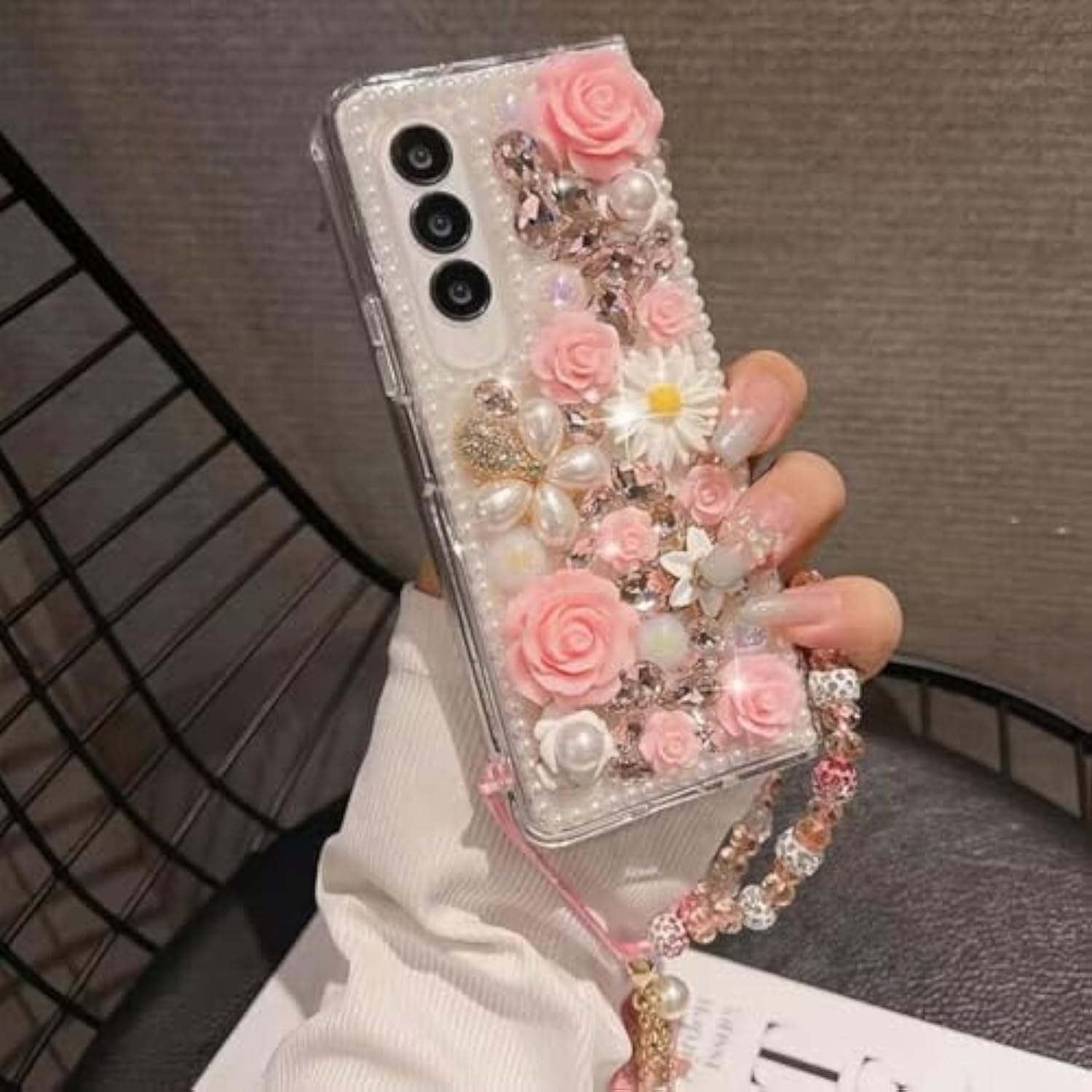 For Samsung Galaxy A15 5G Glitter Bling Case,Cute Luxury 3D Sparkle Crystal Rhinestone Flowers Diamond Pearl With Lanyard Wrist Strap Women Girls Phone Case For Galaxy A15 5G 6.5 Inch (Pink)