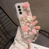 For Samsung Galaxy A15 5G Glitter Bling Case,Cute Luxury 3D Sparkle Crystal Rhinestone Flowers Diamond Pearl With Lanyard Wrist Strap Women Girls Phone Case For Galaxy A15 5G 6.5 Inch (Pink)