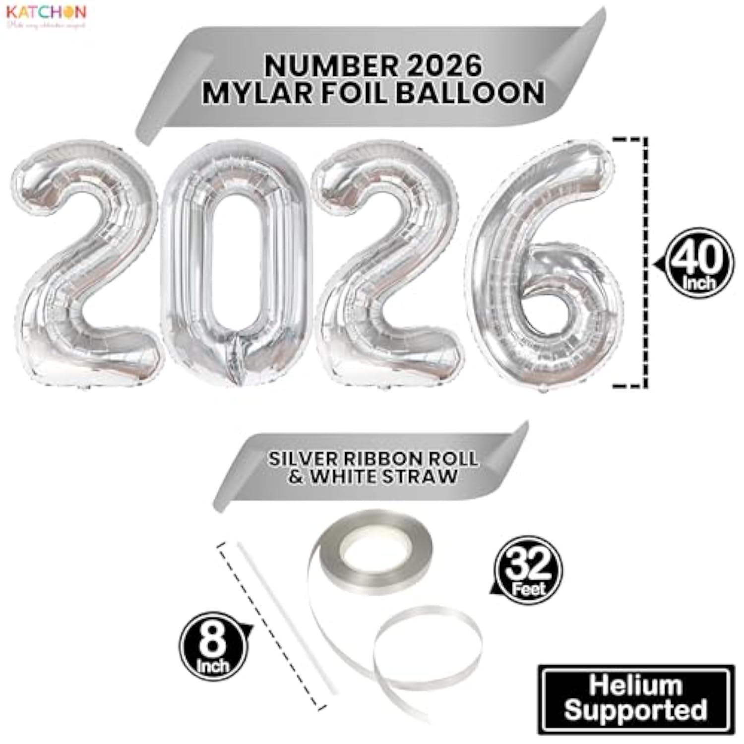 Xtra Large Silver 2026 Balloons 40 Inch New Year Party Decoration