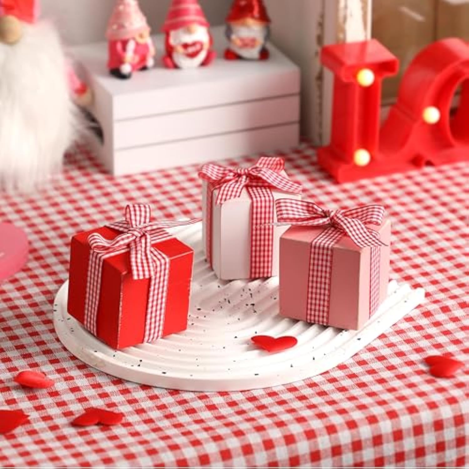 Valentine'S Day Tiered Tray Decor, 3 Pcs Mini Wooden Presents, Farmhouse Valentine'S Day Home Decor With Bowknot, Valentine'S Day Centerpiece For Table