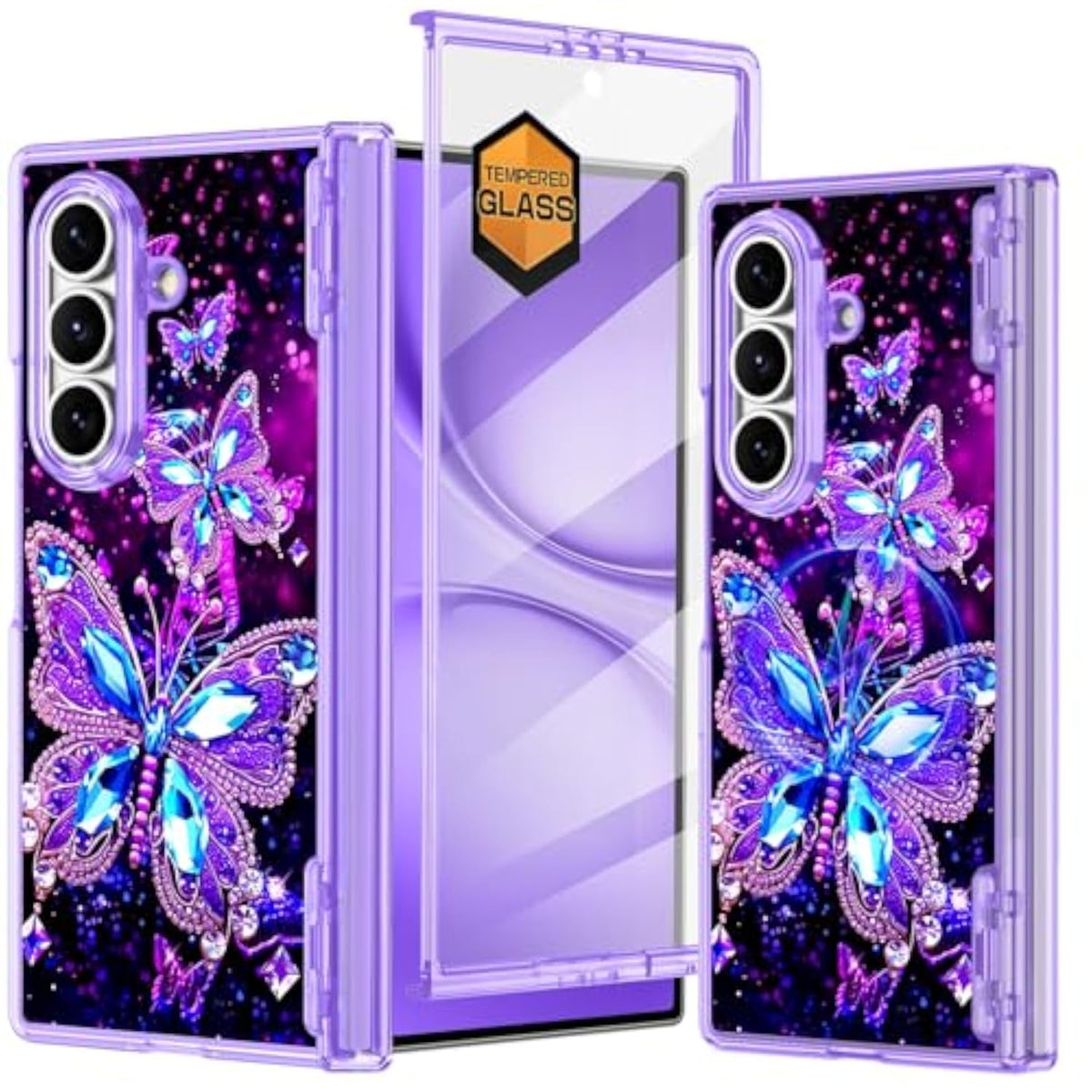 Glow in the Dark Galaxy Z Fold 7 Case with Stand and Hinge Protection for Women Girls, Purple Butterfly Design, Compatible with MagSafe, Slim Fit for Samsung Galaxy Z Fold 7