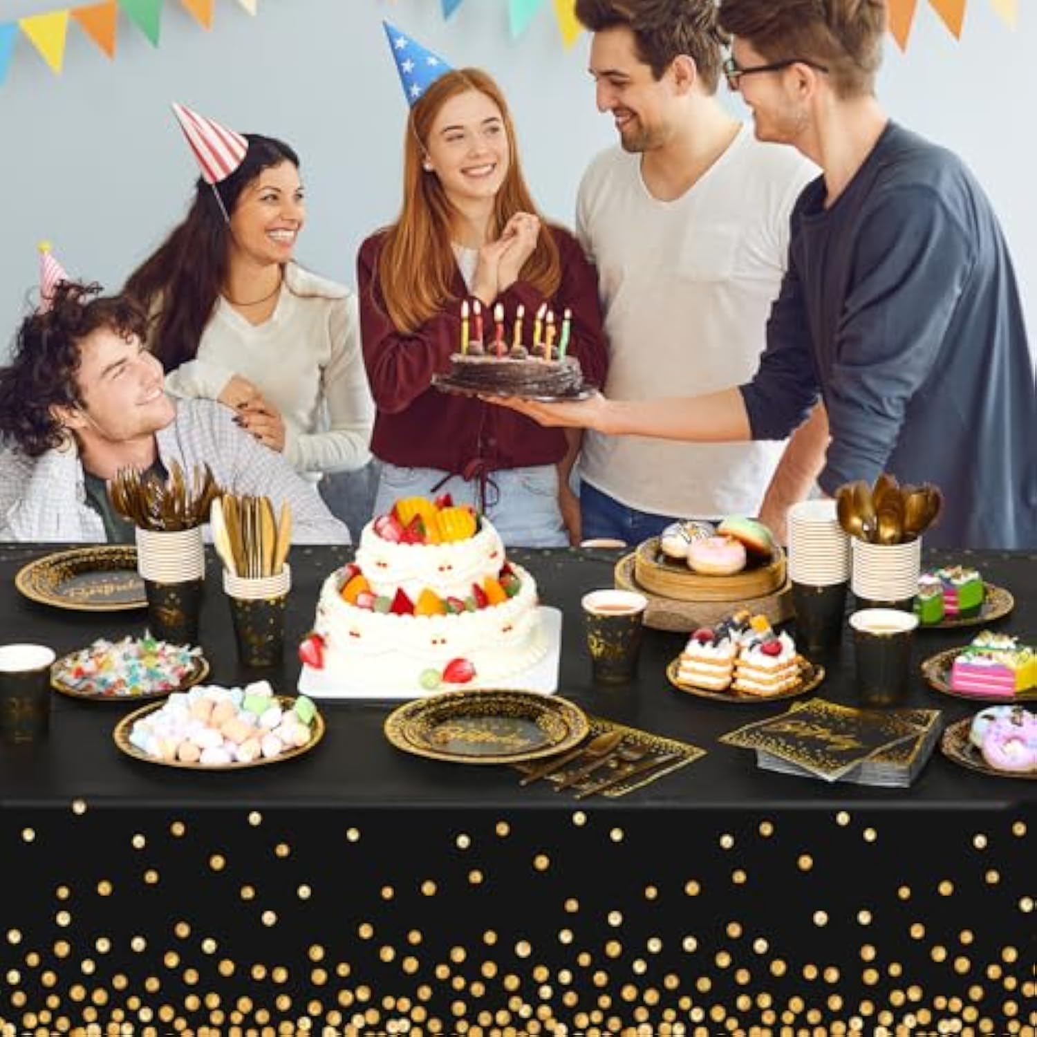 352 Pcs Black And Gold Plates Napkins Cups Tablecloths Forks Knives Spoons Serve 50 Guests Gold Dot Plastic Party Supplies Disposable Party Dinnerware Set For Birthday Wedding Decorations