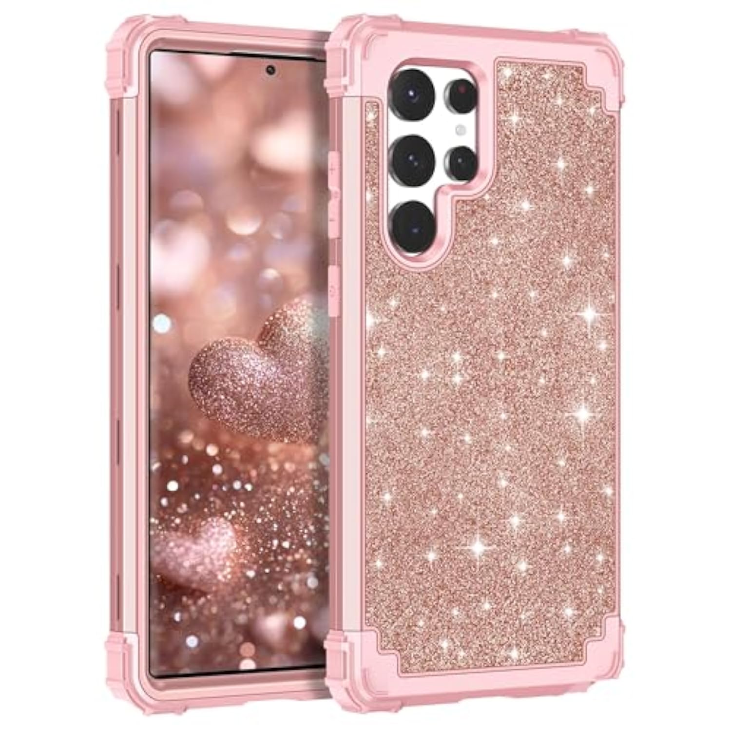 For Galaxy S22 Ultra 5G Case Three-Layer Shockproof Heavy Duty Hybrid Sturdy High Impact Protective Cover Glitter Sparkly Bling Case For Samsung Galaxy S22 Ultra 5G 6.8 2022,Shiny Rose Gold