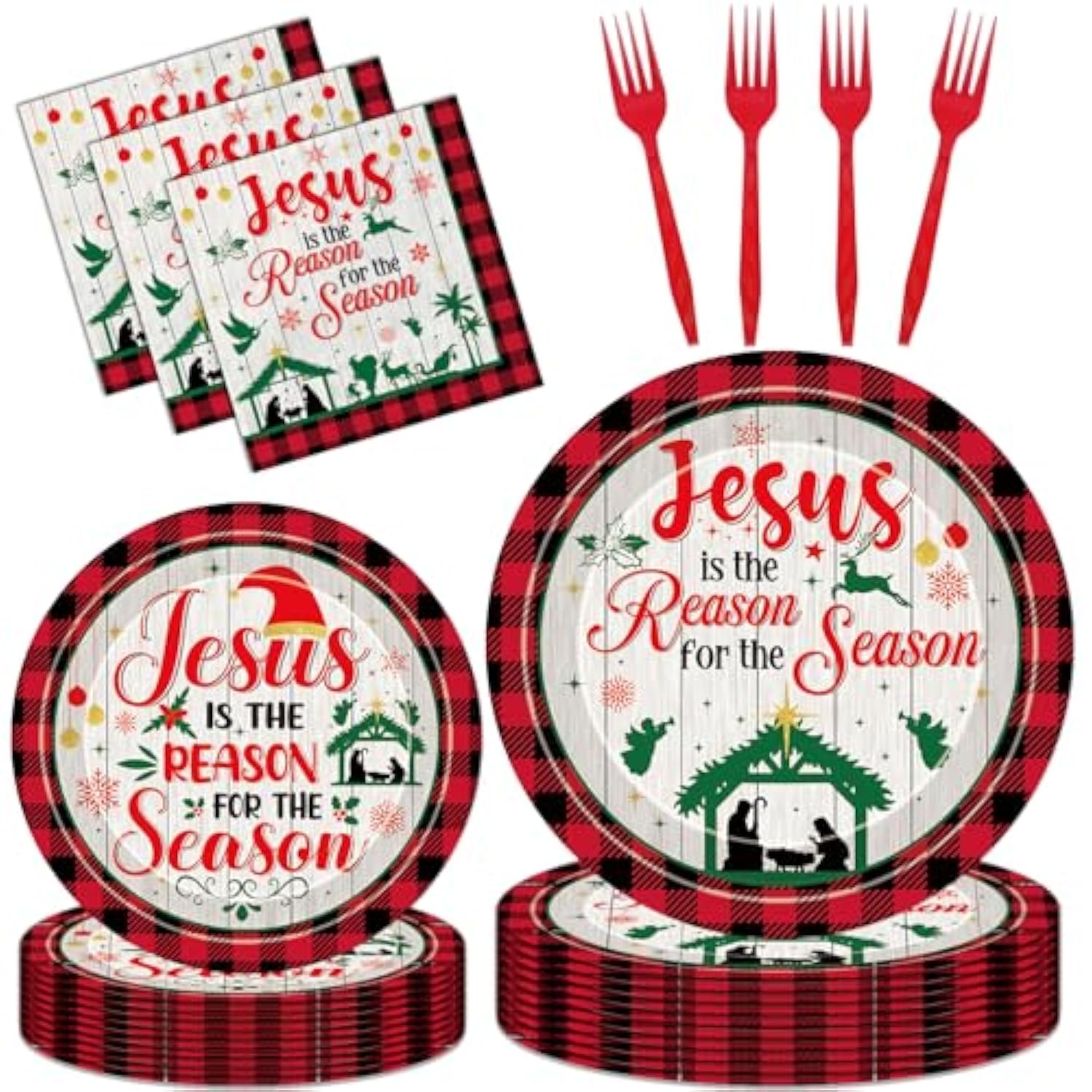 Christmas Nativity Party Decorations - 96 Pcs Jesus Is The Reason For The Season Paper Plates Napkins Forks Tableware Set Disposable Happy Birthday Religious Xmas Decor Supplies Serve 24