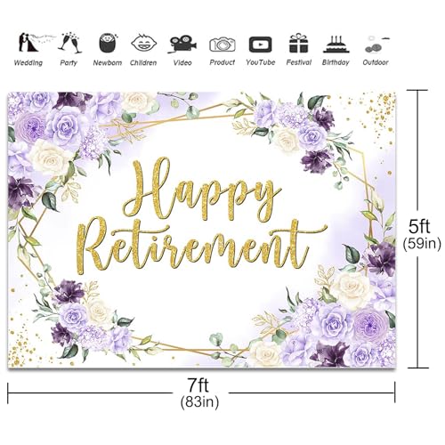 Happy Retirement Backdrop 7x5ft Purple and White Flowers Retirement Party Decorations Background Congrats Retired Banner Photo Booth Props
