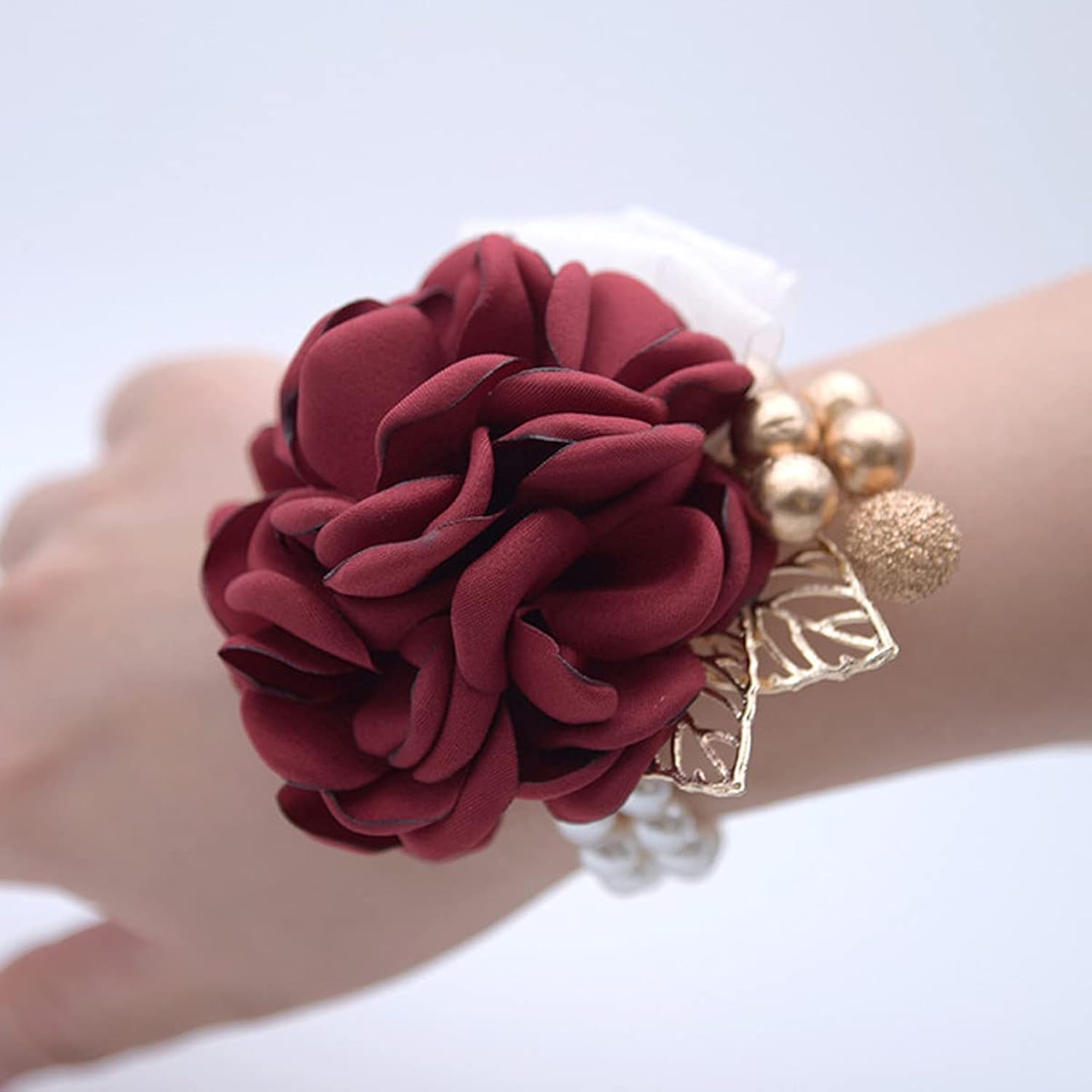 Snadulor 1Pcs Artificial Flower Bride And Bridesmaid Wrist Corsage Bracelet,Used For Wedding,Bridal Shower,Party,Wedding Anniversary(Wine Red)