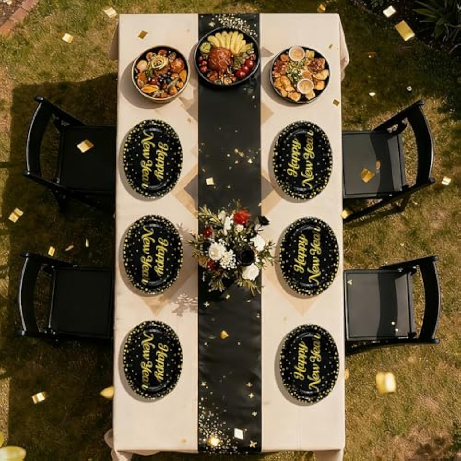 50Pcs Happy New Year Oval Paper Plates 10" X 12" Large Heavy Duty Disposable Black And Gold 2026 New Years Eve Dessert Plates Platters For 2026 New Year'S Eve Holiday Christmas Party Supplies