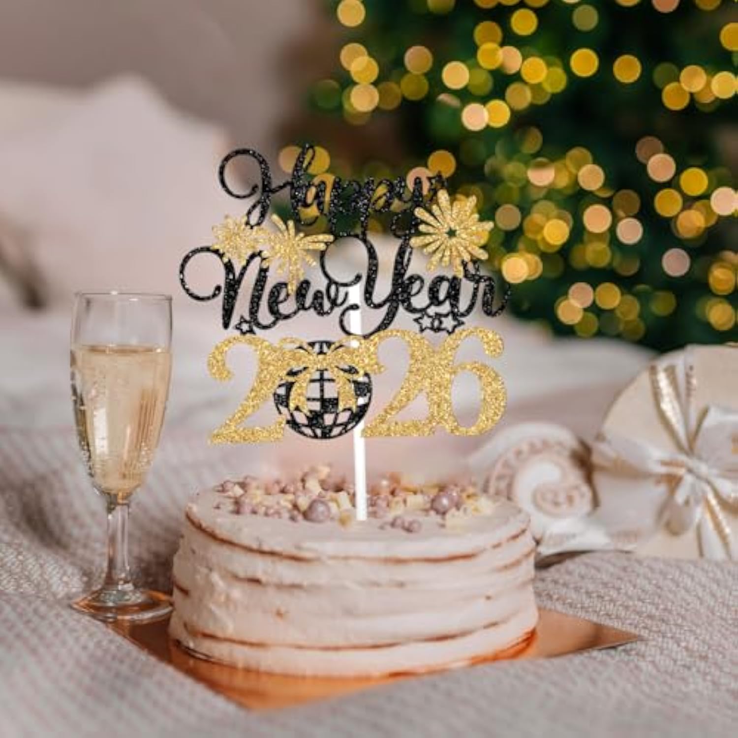 Happy New Year 2026 Cake Topper Black Gold Glitter Party Decor