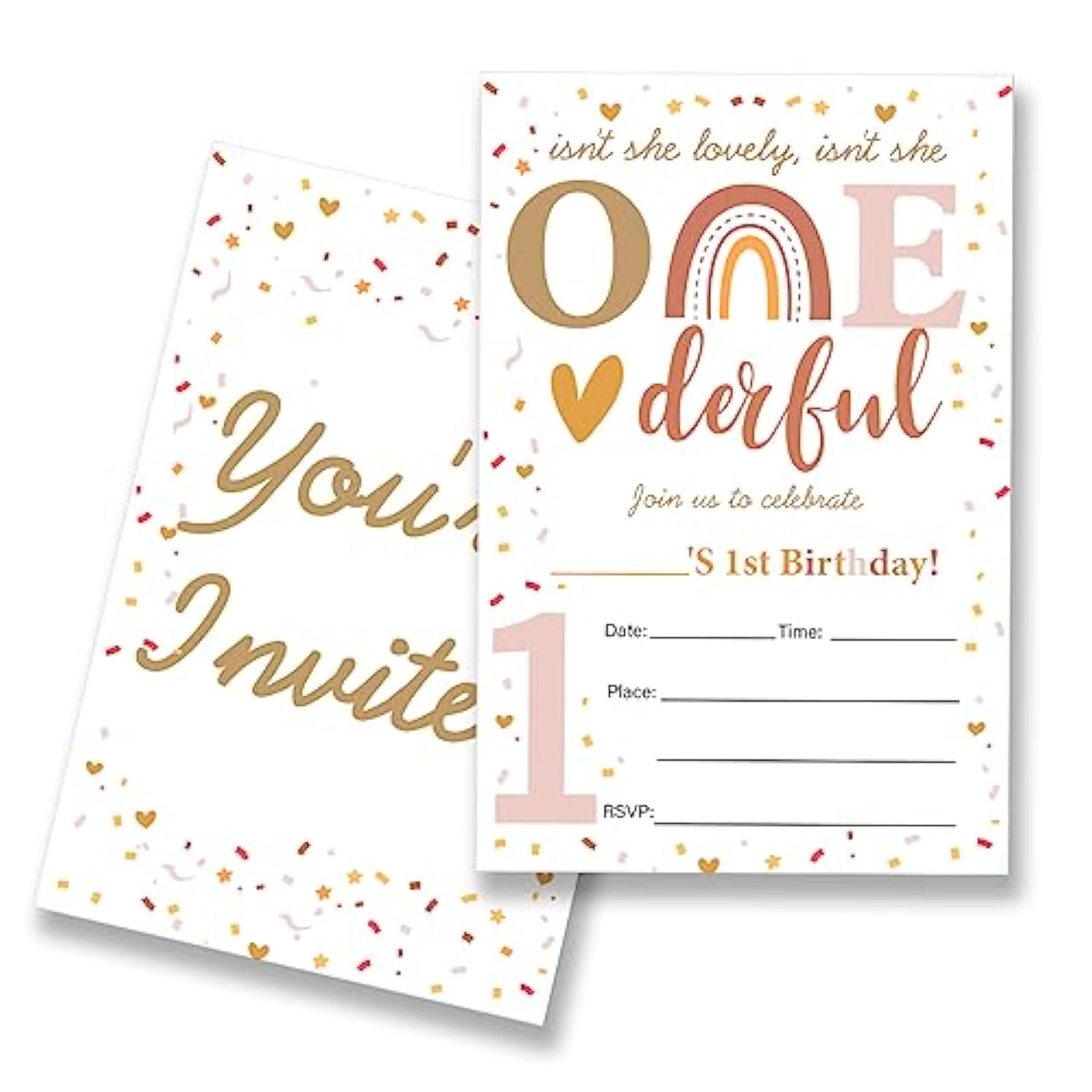 Boho Rainbow Girl 1St Birthday Party Invitations Supplies Fill-In Set Of 20 With Envelopes Modern Rainbow 1St Birthday Bash Invites Cards, Double Sided