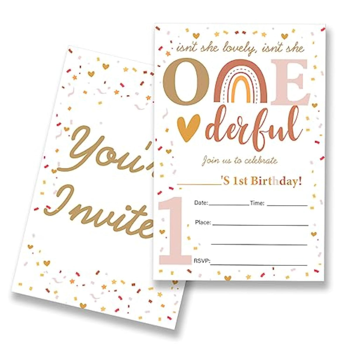 Boho Rainbow Girl 1St Birthday Party Invitations Supplies Fill-In Set Of 20 With Envelopes Modern Rainbow 1St Birthday Bash Invites Cards, Double Sided