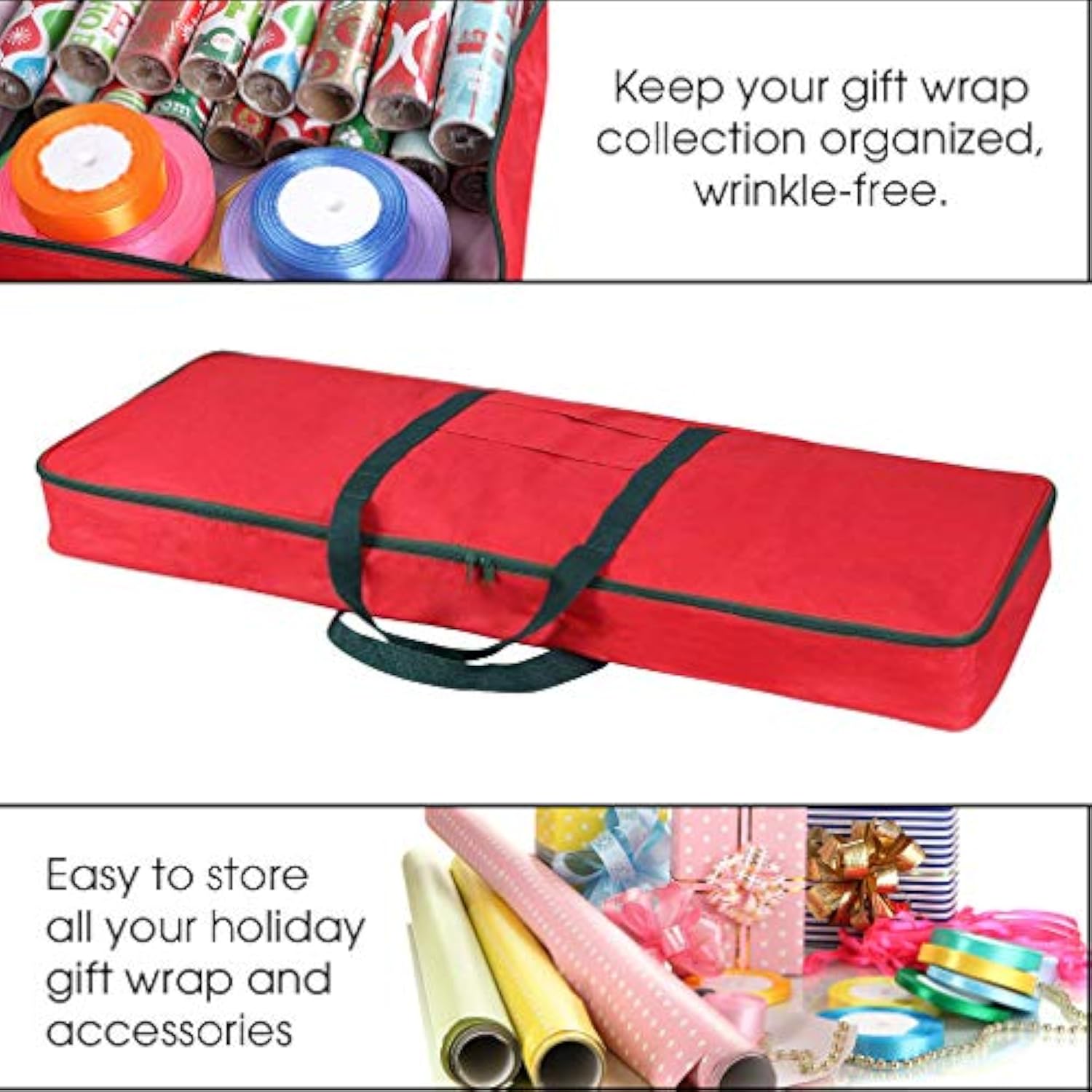 Christmas Wrapping Paper Storage Bag With Pockets | Gift Wrap Organizer Container | 37” X 14” X 4” | Underbed Durable Box Made Of 600D Oxford Material (Red)