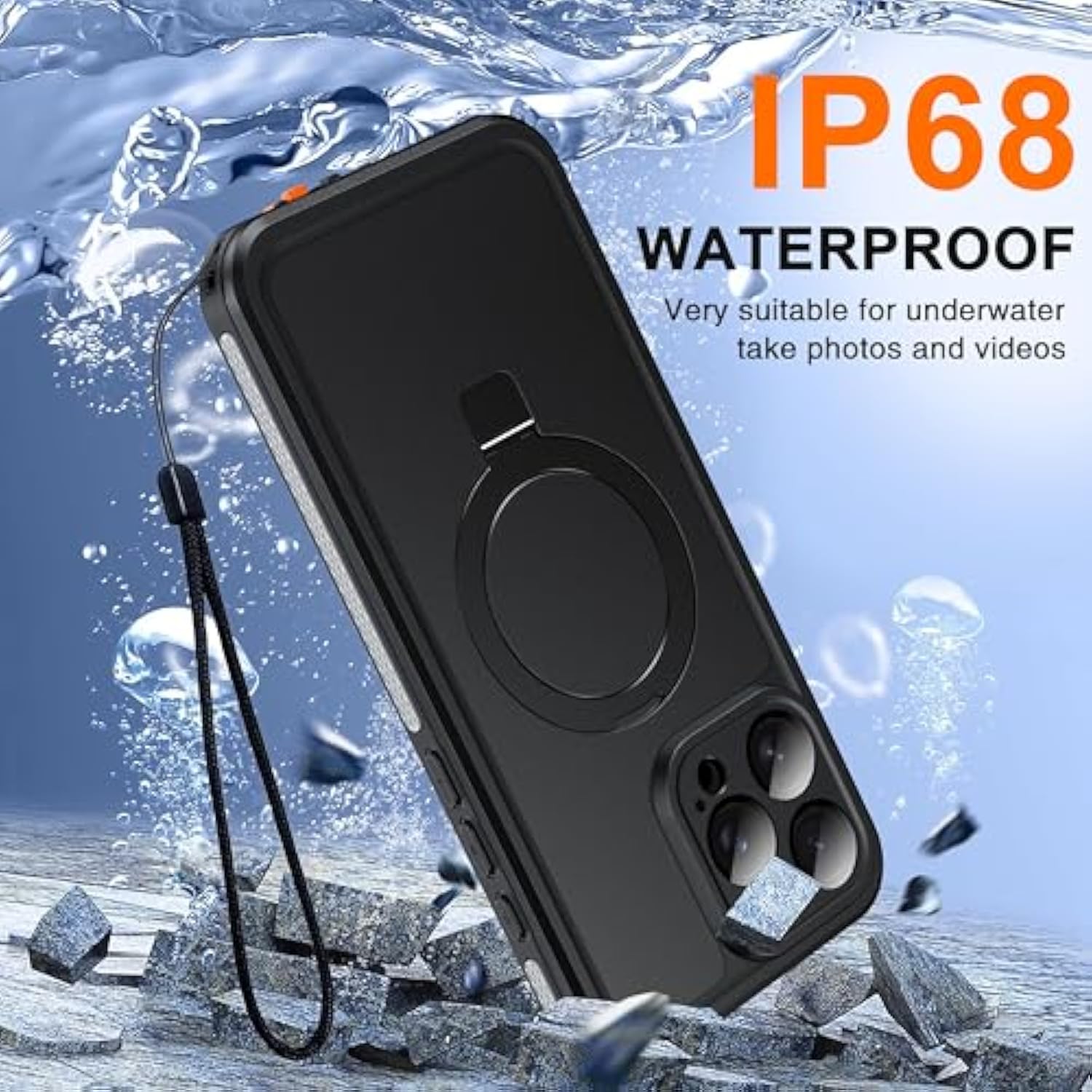 Magnetic Waterproof For Iphone 16 Pro Max Case With [Built-In Screen Protector][Invisible Stand][Fit For Magsafe][360º Full Body Sealed] Rugged Ip68 Underwater Case For Iphone 16 Pro Max-Black