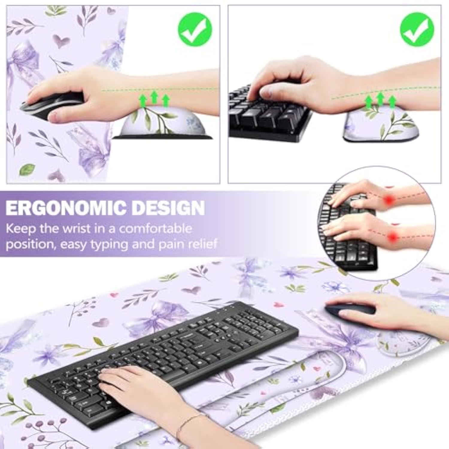 Desk Mat With Wrist Rest, Light Purple Bows Flower Desk Pad Large For Keyboard And Mouse, Ergonomic Mouse Pad Sets For Women, Non-Slip Wrist Pad For Keyboard