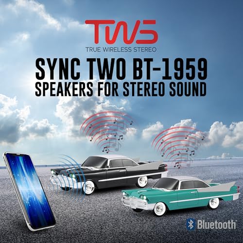 Bluetooth 1959 Retro Classic Car Speaker, Dual 2-inch Speakers, Hands-Free Link, Built-in Microphone, FM Radio, and LED Lights, Emerald - BT-1959-EMR