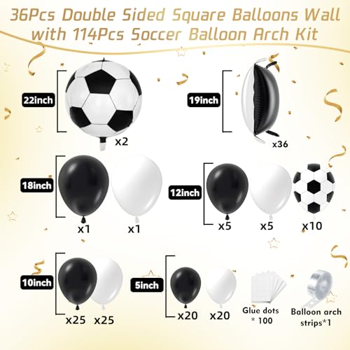 36pcs Black and White Square Foil Balloons Wall Backdrop with 114pcs Soccer Balloon Garland Arch Kit, Double Sided Balloons for World Soccer Boys Sports Theme Baby Shower Party Decorations Set