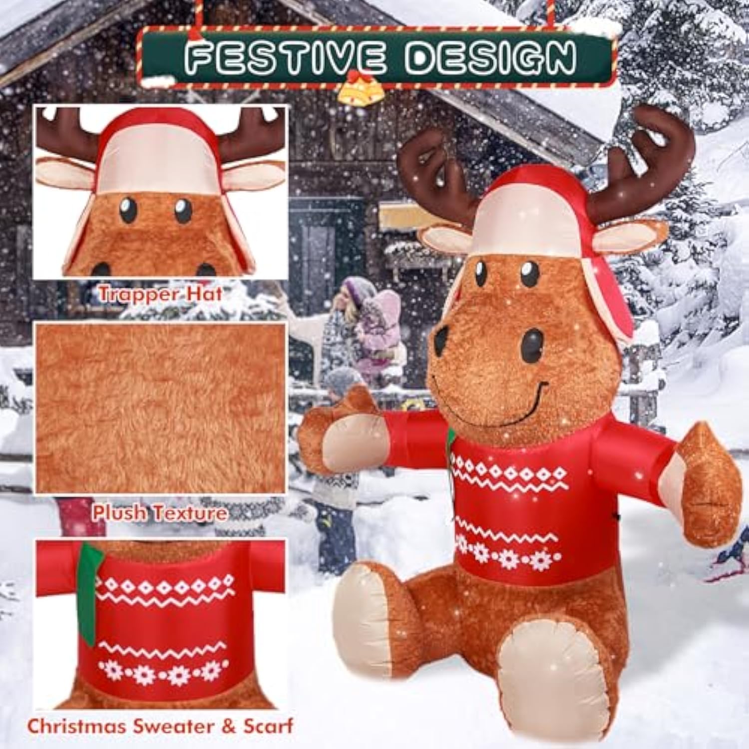 6 Ft Christmas Inflatable Outdoor Decorations, Inflatables Plush Reindeer Yard Decor With Christmas Hat & Sweater, Built