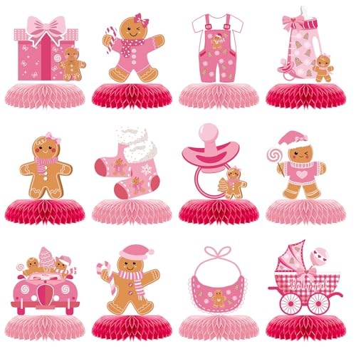 12Pcs Pink Gingerbread Baby Shower Honeycomb Centerpieces Christmas Gingerbread Man Honeycomb Table Decorations for Winter, Birthday, Baby Shower Party Favors