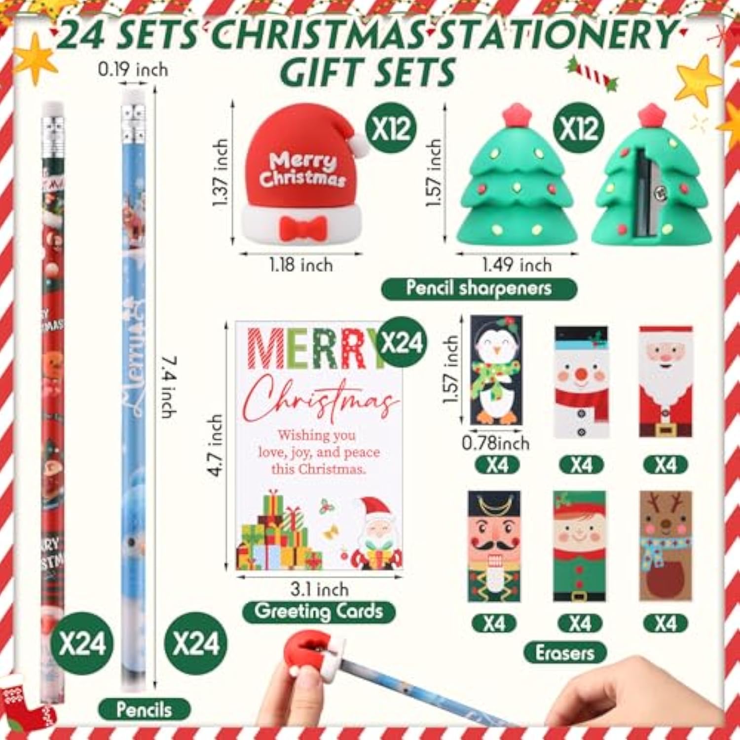 144 Pcs Christmas Stationery Party Favors Bulk For Students Xmas Gift Including Christmas Tree Santa Hat Sharpener Pencil Eraser With Card Bags For Stocking Stuffers Classroom Gift Exchange