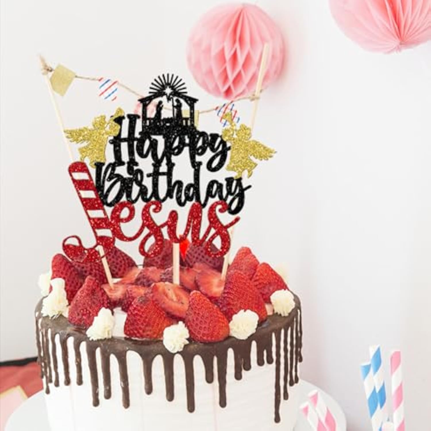 1 Pack Happy Birthday Jusus Cake Topper Glitter Nativity Christmas Cake Pick Jusus Birthday Cake Decorations Jesus Is Reason For The Season Birthday Christmas Party Decorations