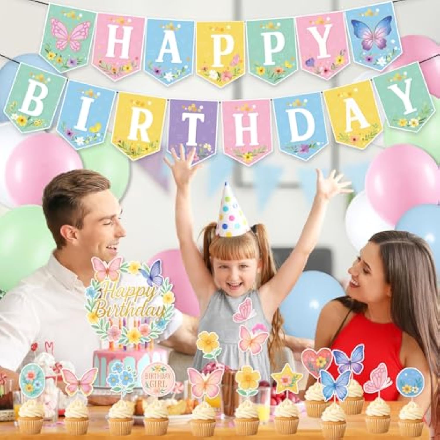 Butterfly Birthday Party Decorations For Girls, Pastel Happy Birthday Banner, 24 Balloons Pink Green Blue Ivory, Butterfly Cake Topper & 24 Cupcake Toppers, Spring Garden Birthday Party Supplies