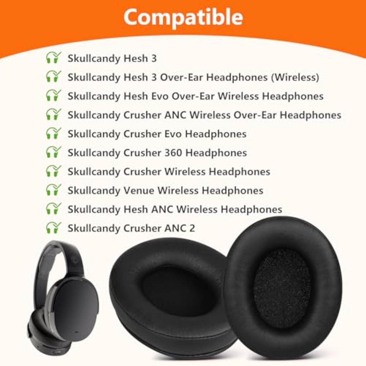 Replacement Ear Pads For Skullcandy Crusher Evo/360/Wireless/Anc/Anc 2, Hesh 3/Evo/Anc, Venue Wireless Headphones, Skullcandy Earpads Cushions With Noise Cancelling Foam, Soft Protein Leather