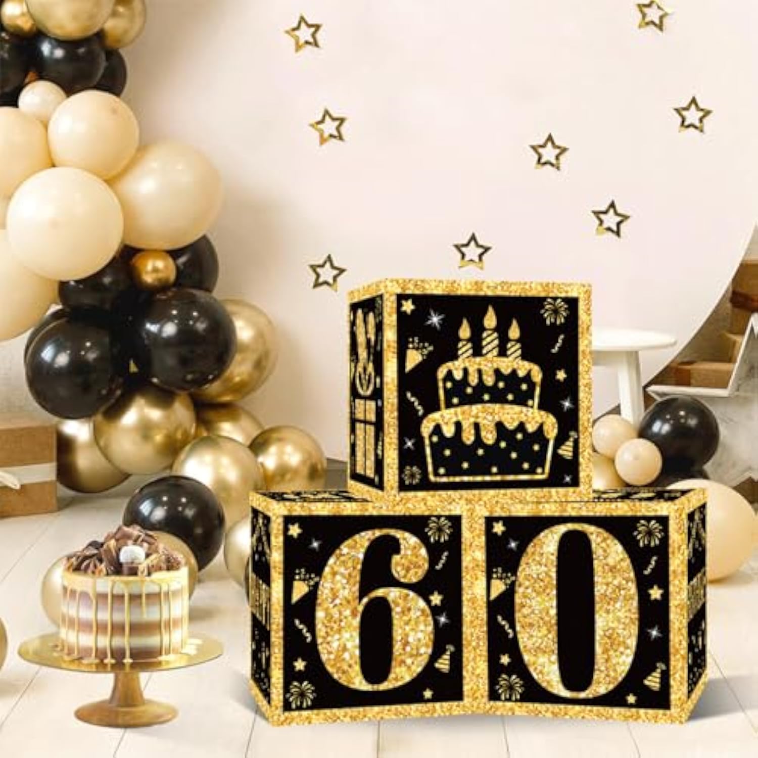 3 Pc Black/Gold 60th Birthday Balloon Boxes: Party Decorations for Men & Women
