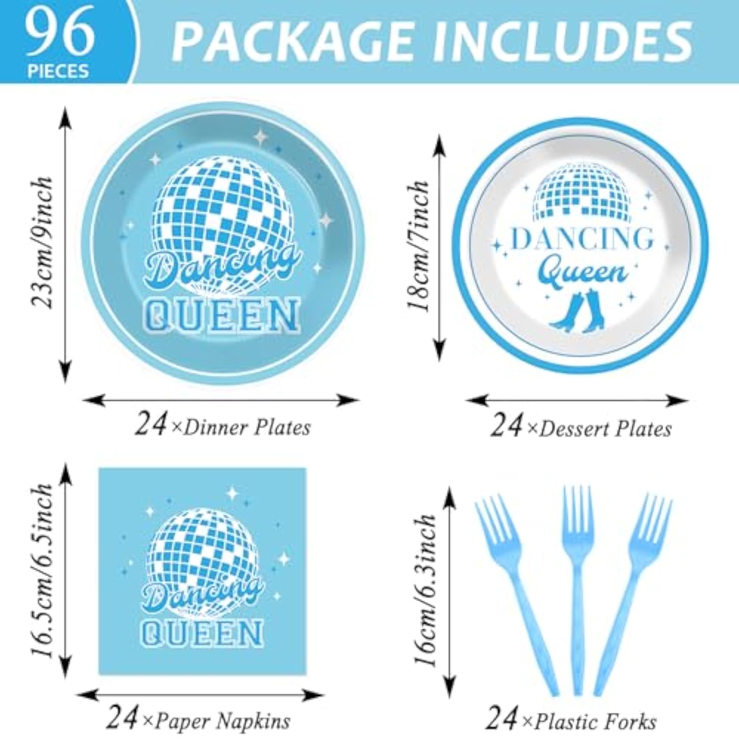 Dancing Queen Disco Party Set: 70s Theme, Blue Tableware for 24