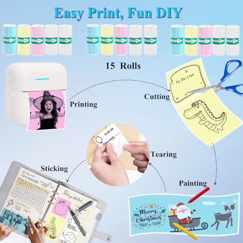 15 Rolls Thermal Sticker Paper For Mini Printer Sticker Maker, Including 9 Colored And 6 White Self-Adhesive Mini Printer Sticker Paper, 57 X 25 Mm