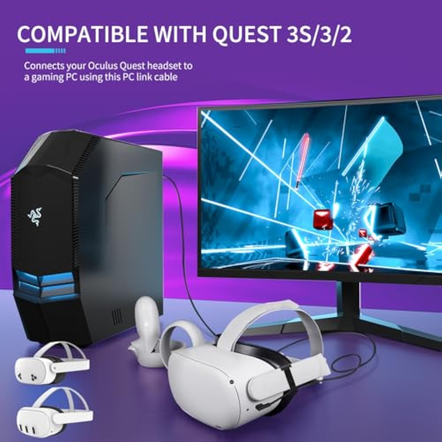 Link Cable 10Ft For Meta Oculus Quest 3S, Quest 3, Quest 2, High-Speed Data Transfer Charging Cord Cable, Usb 3.2 A To C Charger Wire