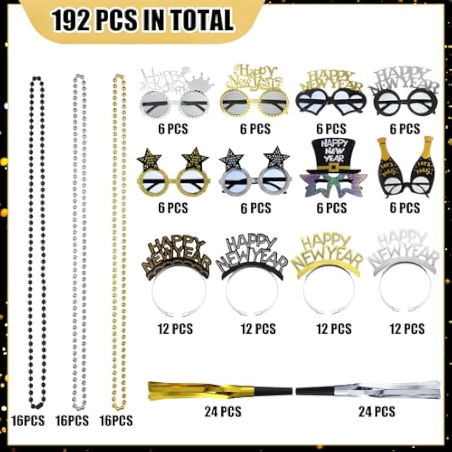 192 Pcs New Year 2026 Party Supplies Headbands Glasses Noise Makers