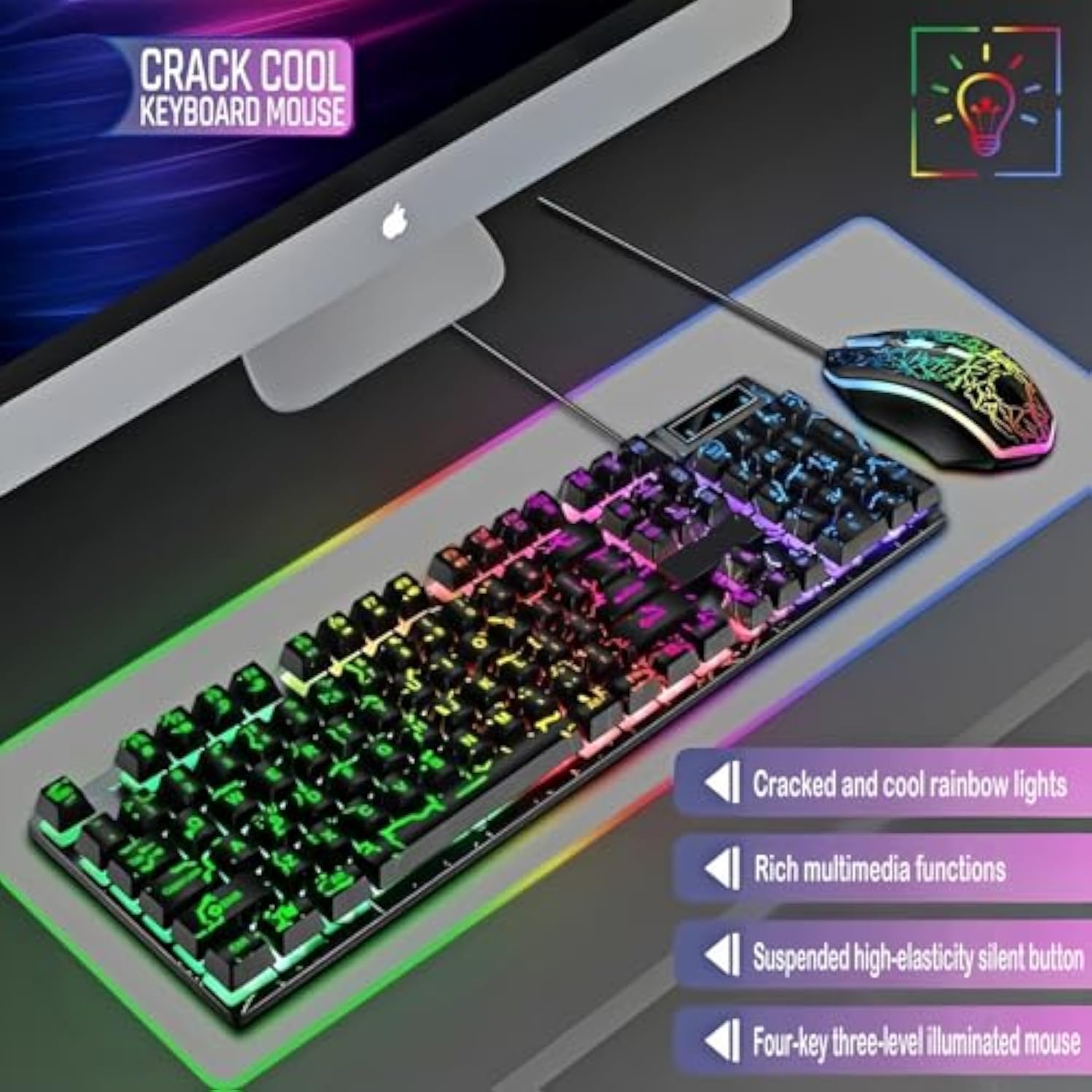 Wired Crack Game Keyboard And Mouse Set With Mechanical Feel, Illuminated Letter Perforated Rainbow Led Mouse And Keyboard?104 Keys Numeric Keypad, Led Indicators, For Office,Gaming