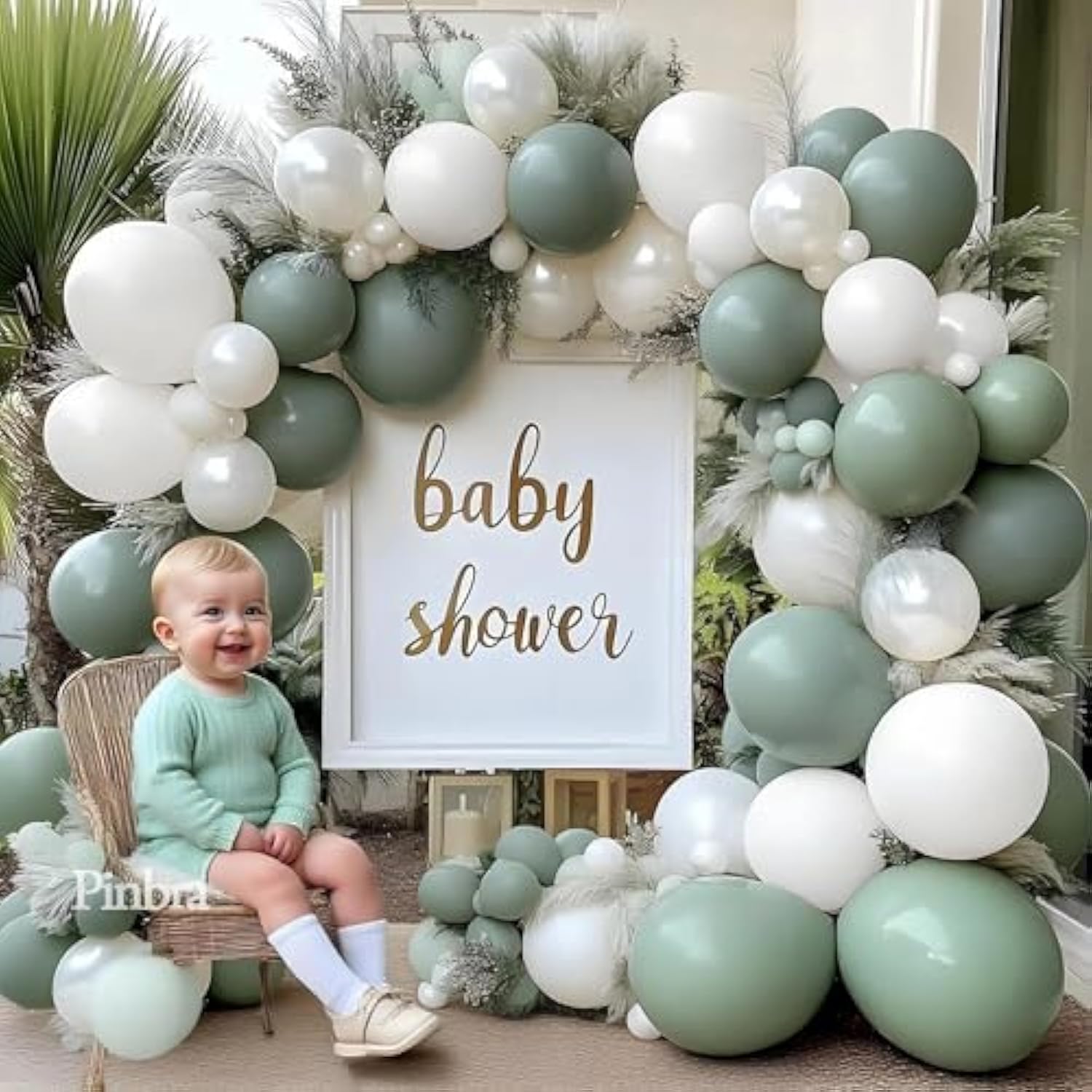 Sage Green White Balloon Garland Double Stuffed Dusty Green White Pearl Balloons Olive Pastel Balloon Arch Kit For Neutral Baby Shower Bridal Shower Birthday Baptism Party Decorations