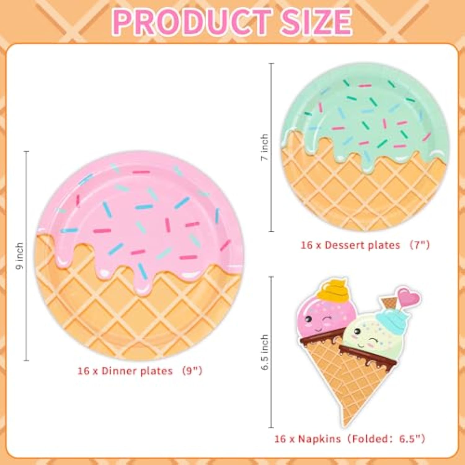 48 Pcs Ice Cream Birthday Party Plates And Napkins Kit, Ice Cream Theme Tableware Set Snow Cones Party Table Decorations Supplies, Disposable 9'' And 7'' Paper Plates, Napkins, Serves 16