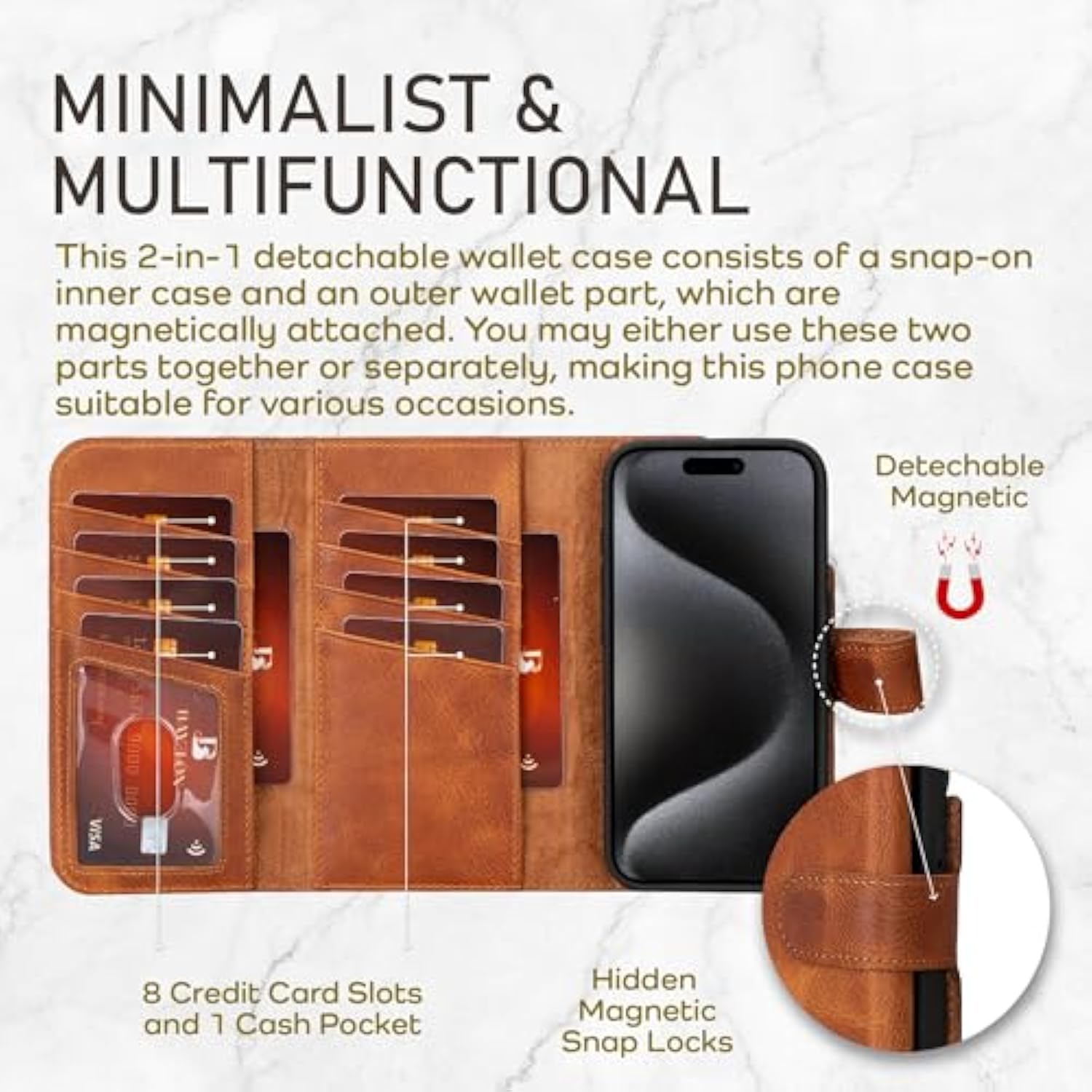 Wallet Case For Iphone 15 Pro Max, Trifold Leather Wallet, Detachable Magnetic Flip Folio Cover, Card Holder, Iphone 15 Pro Max Wallet Case, Magsafe Compatible, Rfid Blocking (Vintage Brown)
