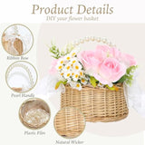2 Set Wicker Flower Girl Basket & Headpiece, Willow Handwoven Basket With Pearl Handle And Bow Fairy Flower Basket,Wedding Flower Girl Hair Accessory Pearl Headband For Women