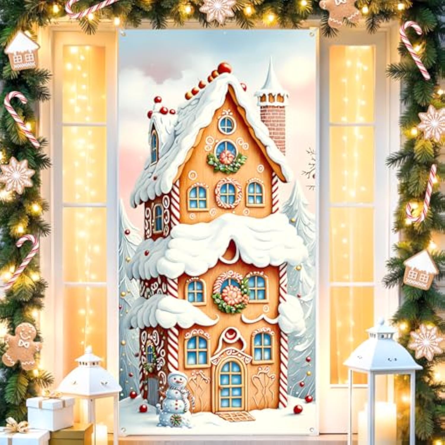 Christmas Gingerbread House Door Cover Peppermint Candy Cane Banner